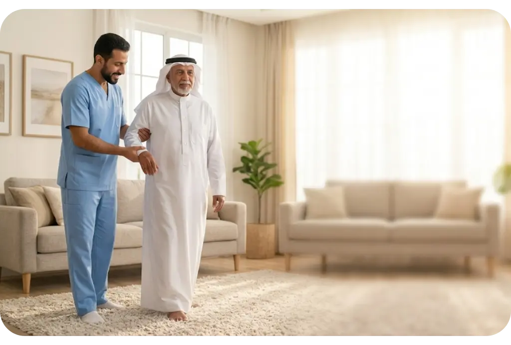 Geriatric physical therapy session for senior patient balance and mobility in Riyadh - AounCare