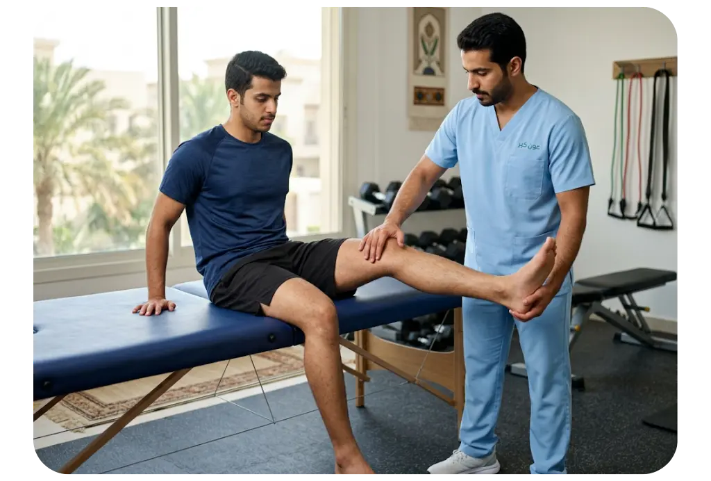 In-home sports injury physical therapy assessment for ACL ligament rehabilitation in Riyadh - AounCare