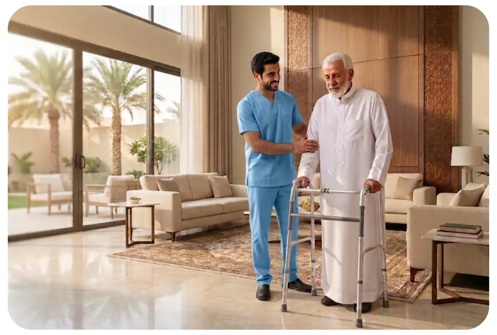 Physical therapist assisting patient with post surgery joint replacement recovery at home in Riyadh - AounCare