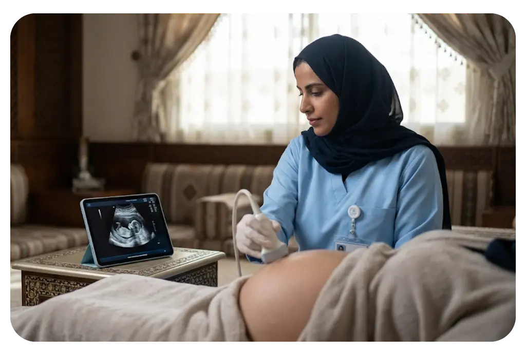 أخصائية طبيبة تقوم بفحص سونار لسيدة حامل في المنزل
