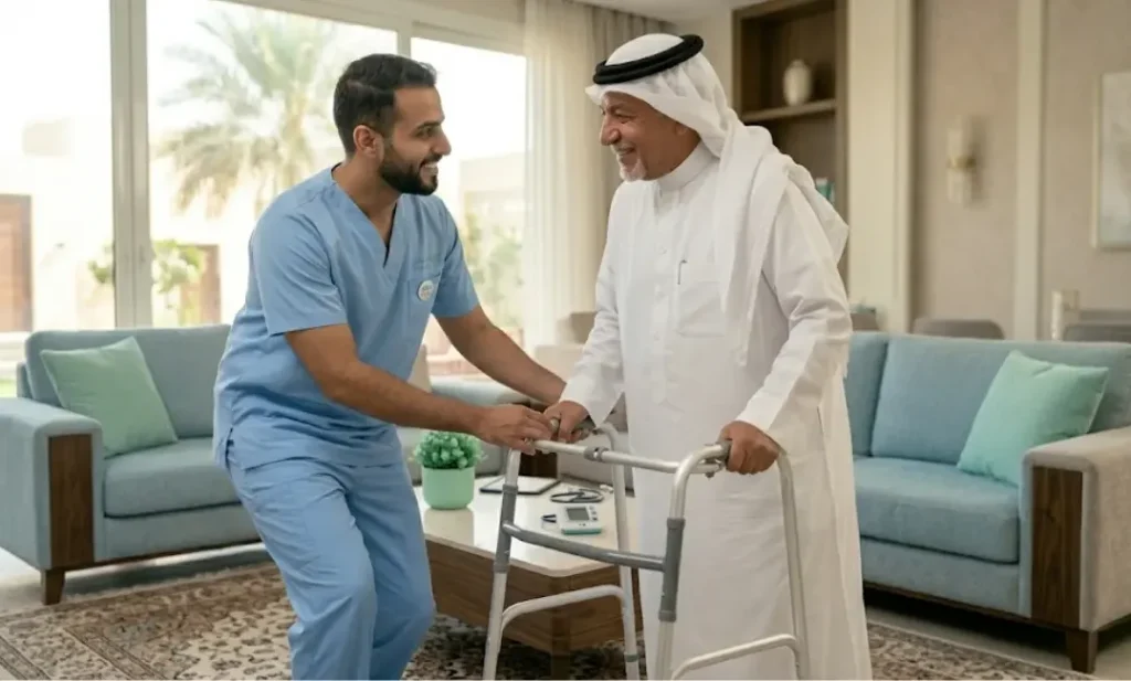 Licensed physical therapist assisting a senior patient walking with a cane during home rehabilitation in Riyadh - AounCare