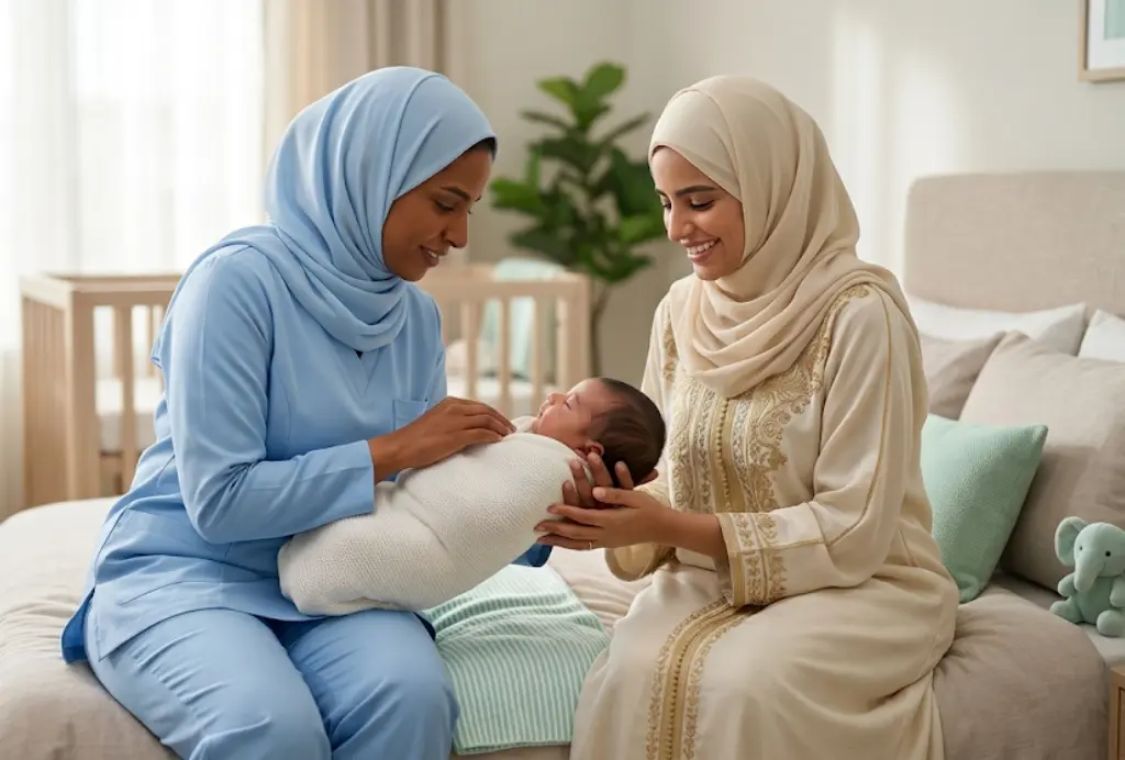 Licensed female nurse providing at-home pregnancy care and vital sign monitoring for a pregnant mother in Riyadh - AounCare