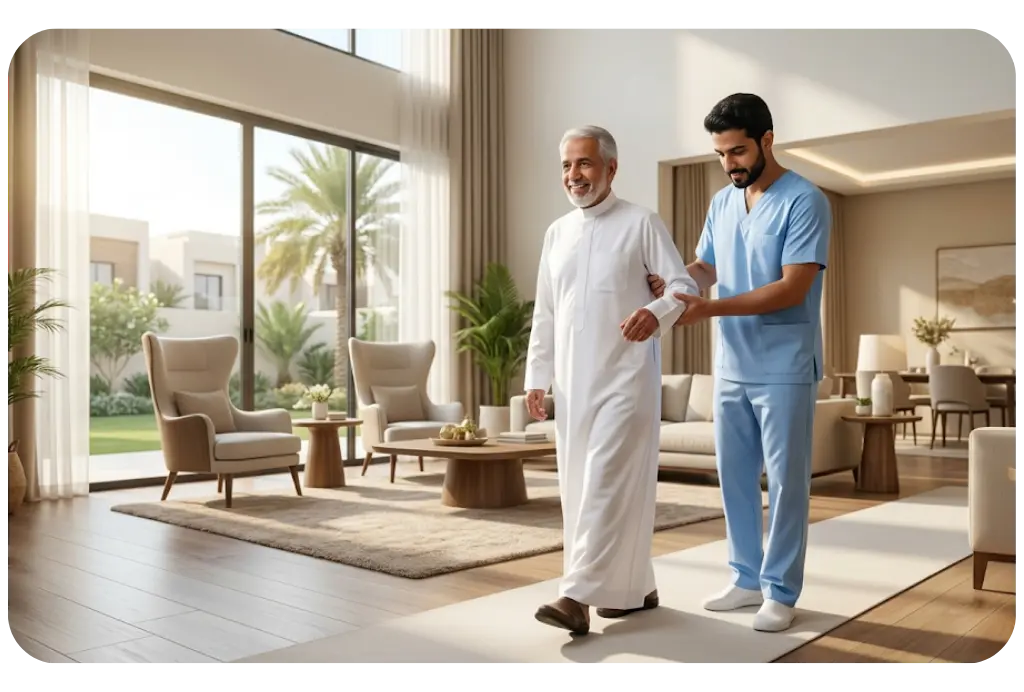 Licensed physical therapist conducting in home rehabilitation session for a senior patient in Riyadh - AounCare