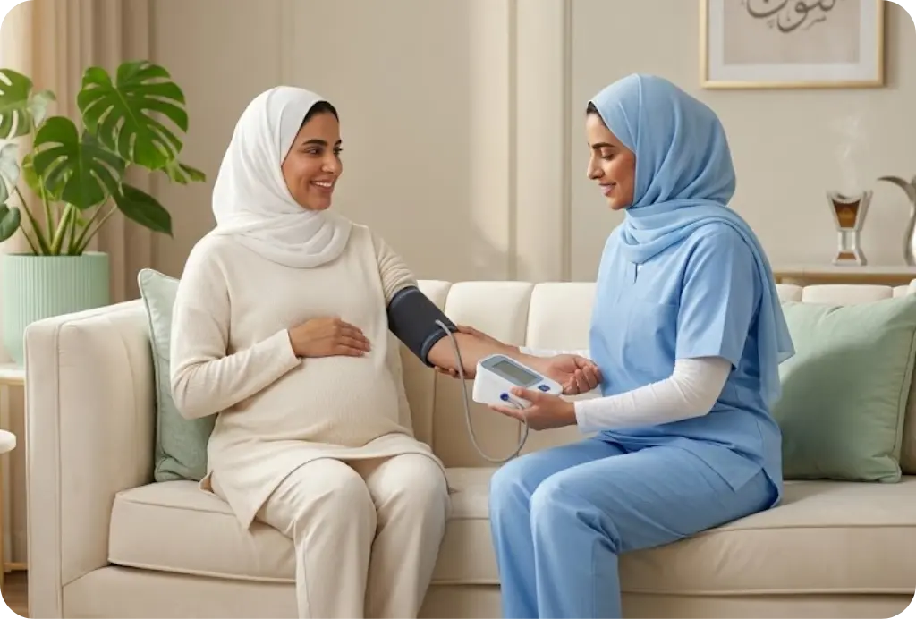 Licensed female nurse performing an in-home portable ultrasound scan for a pregnant Saudi mother in Riyadh - AounCare