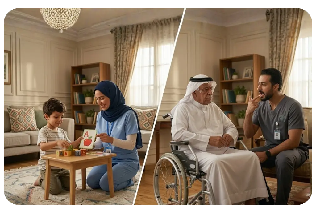 جلسات نطق وتخاطب وتأهيل صعوبات البلع بالمنزل في الرياض​