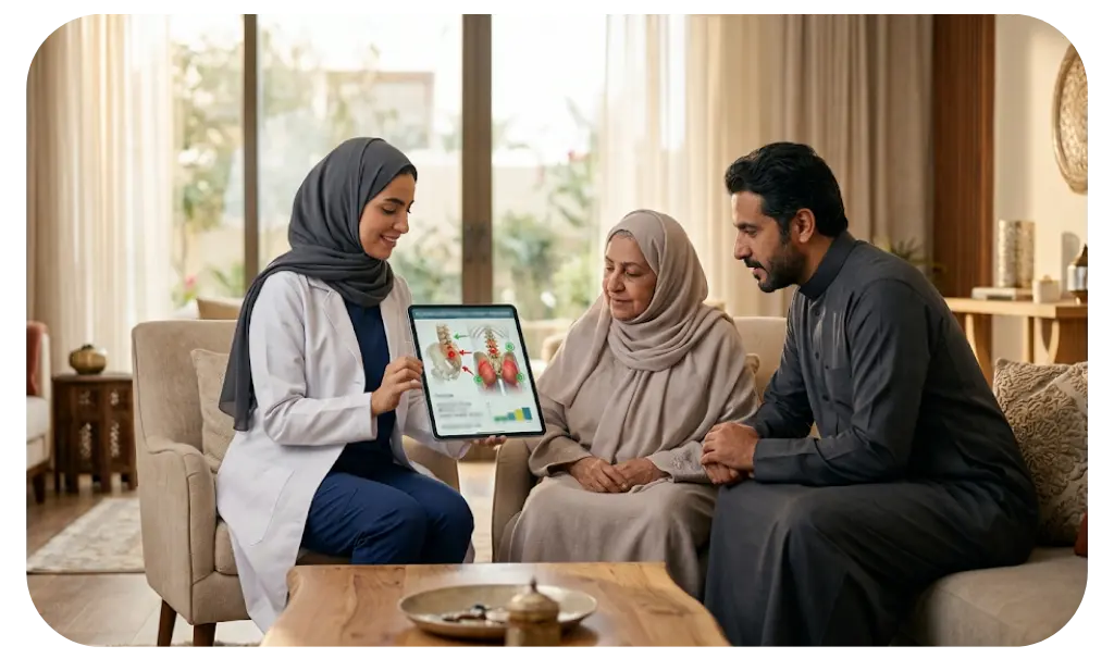 female doctor explaining a medical plan in home