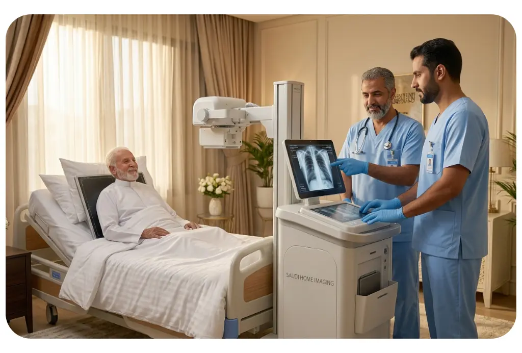 Licensed radiology technologist performing at home portable X-Ray and ultrasound imaging for a patient in Riyadh - AounCare