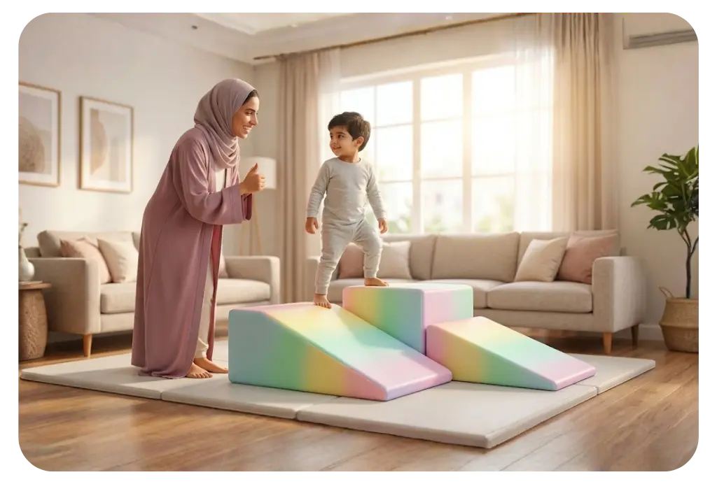 Pediatric physical therapist conducting home motor delay session for a child in Riyadh - AounCare