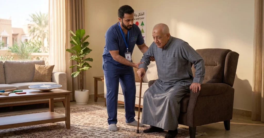 أخصائي علاج طبيعي يساعد مسن في تمارين الوقوف وتقوية العضلات