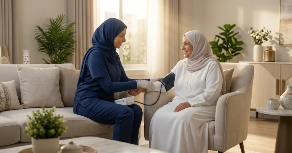 ممرضة منزلية تقيس المعدلات الحيوية لمريض مسن