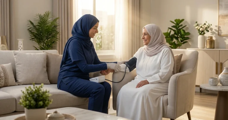 ممرضة منزلية تقيس المعدلات الحيوية لمريض مسن