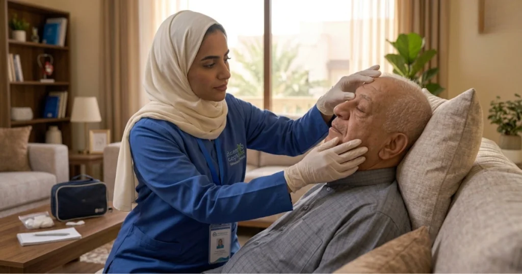 أخصائية علاج طبيعي تفحص العين وتقييم العصب الوجهي