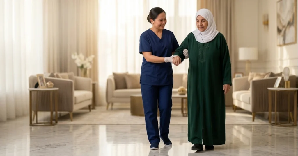 مقدمة رعاية منزلية وجليسة مسنين في تساعد سيدة في الحركة والمهام اليومية