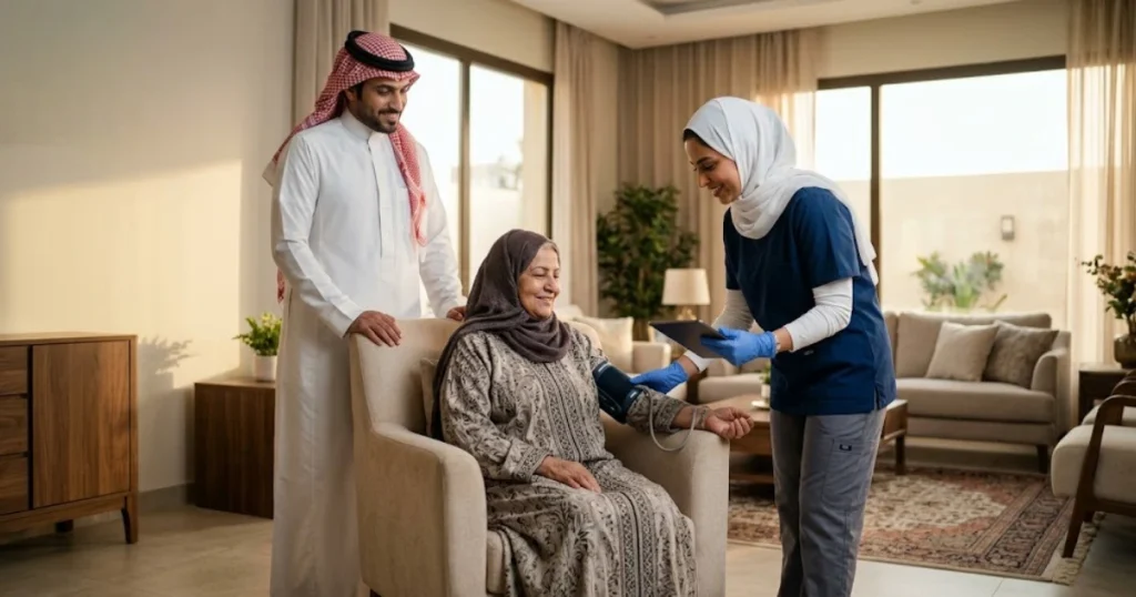 أخصائية رعاية صحية تقدم رعاية طبية منزلية لسيدة مسنة