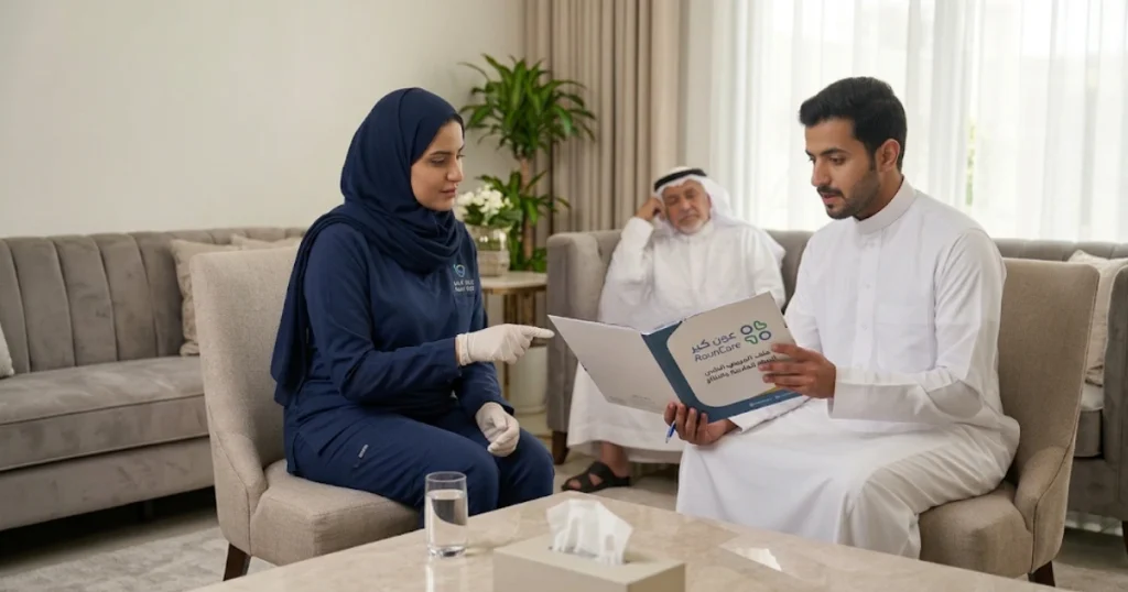ممرضة تشرح ملف الحالة الطبية لعائلة المريض في المنزل.