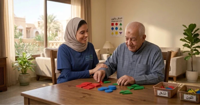 أخصائية العلاج الوظيفي والطبيعي تساعد مريض الزهايمر في المنزل