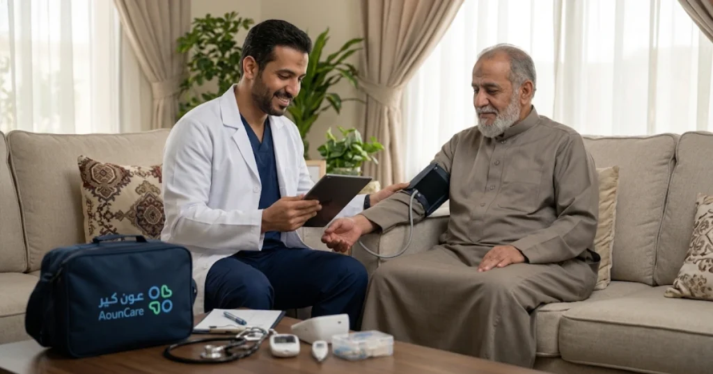 طبيب متخصص يفحص كبير السن في المنزل ويراجع حالته وملفه الطبي