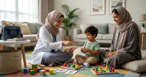 أخصائية تخاطب في جلسة علاجية مع طفل في المنزل بحضور الأم للدعم والمتابعة