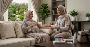 ممرضة تسحب عينة دم لتحاليل الحمل منزلياً