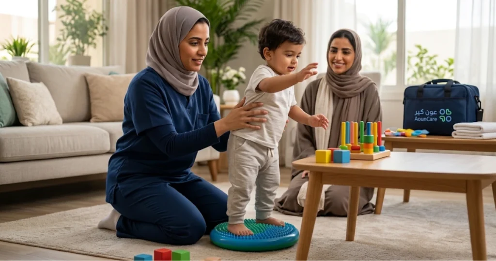 أخصائية علاج طبيعي للأطفال تساعد طفلاً صغيراً في تحسين التوازن والمهارات الحركية داخل المنزل